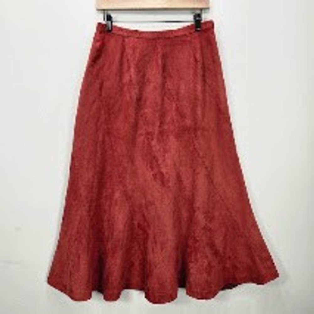 Vintage 90s Y2K Faux Suede Maxi Skirt 12 Petite Rust Flare Boho Country Fall
